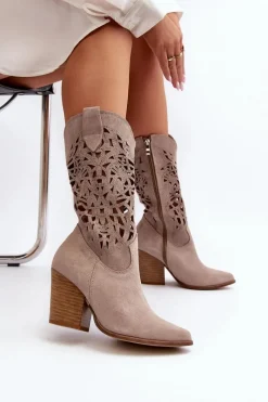 Sale Zazoo 3414 Damskie Ażurowe Botki Na Słupku Zamszowe Cappucino