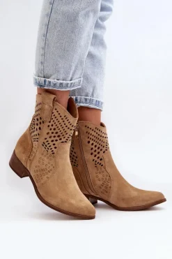 Clearance Zazoo 3305/2 Damskie Ażurowe Botki Kowbojki Na Niskim Obcasie Zamszowe Beżowe