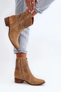Clearance Zazoo 3305/2 Damskie Ażurowe Botki Kowbojki Na Niskim Obcasie Zamszowe Beżowe