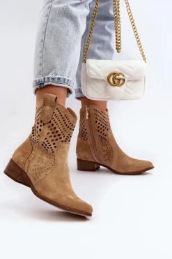 Clearance Zazoo 3305/2 Damskie Ażurowe Botki Kowbojki Na Niskim Obcasie Zamszowe Beżowe