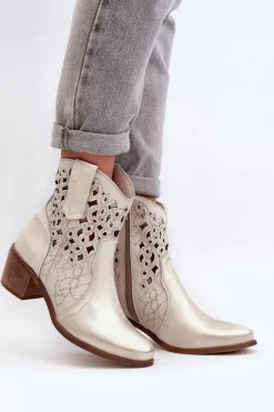 Outlet Zazoo 3394 Damskie Botki Na Obcasie Ażurowe Złote