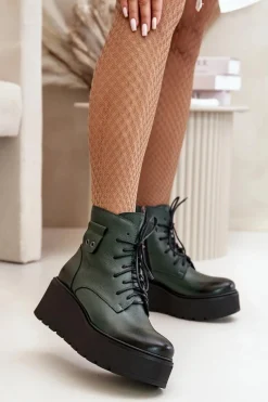 Botki Ocieplane|Botki Skórzane>Zazoo 60499 Damskie Botki Na Platformie I Koturnie Ocieplane Skóra Naturalna Ciemnozielone