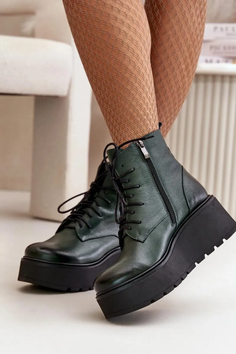 Botki Ocieplane|Botki Skórzane>Zazoo 60499 Damskie Botki Na Platformie I Koturnie Ocieplane Skóra Naturalna Ciemnozielone