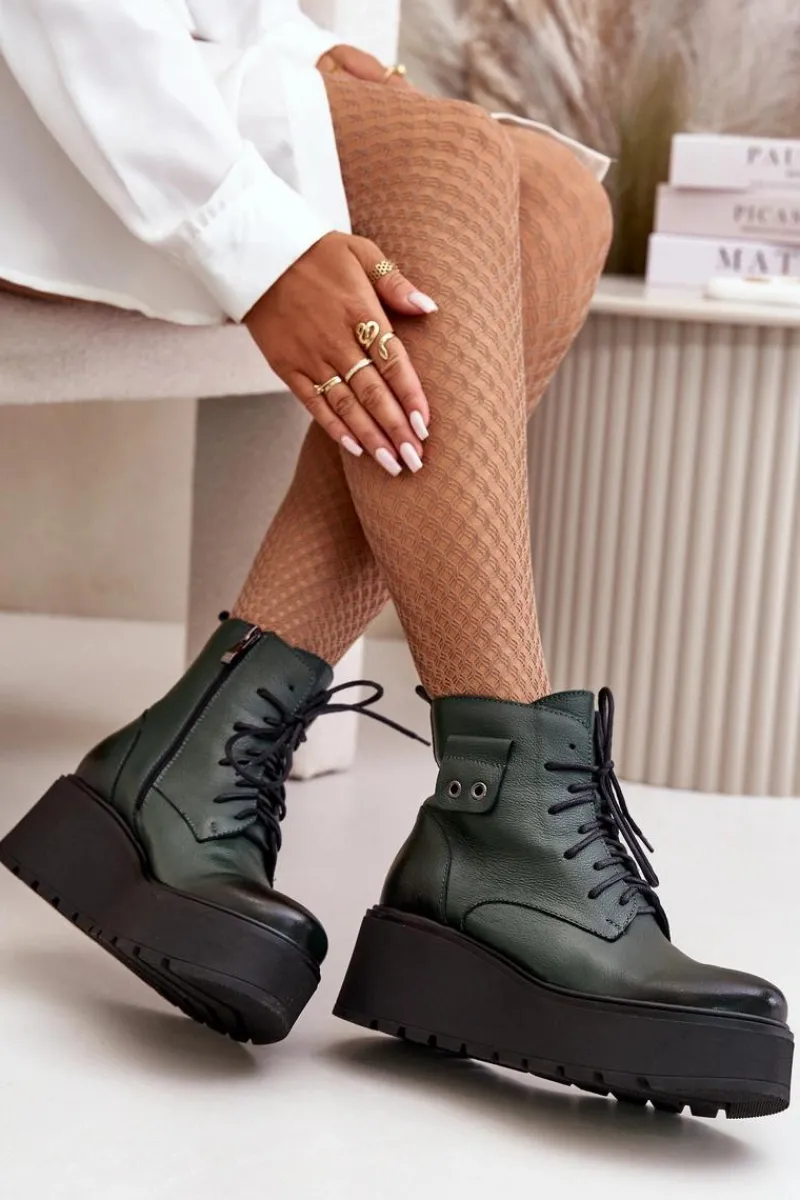 Botki Ocieplane|Botki Skórzane>Zazoo 60499 Damskie Botki Na Platformie I Koturnie Ocieplane Skóra Naturalna Ciemnozielone