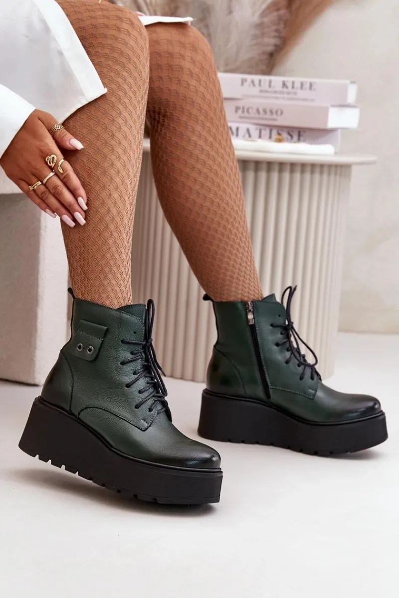 Botki Ocieplane|Botki Skórzane>Zazoo 60499 Damskie Botki Na Platformie I Koturnie Ocieplane Skóra Naturalna Ciemnozielone