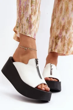 Sale Zazoo 2916 Damskie Klapki Na Masywnej Platformie Z Suwakiem Białe Biały