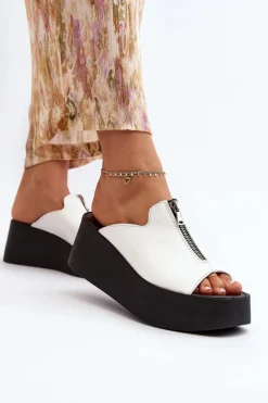 Sale Zazoo 2916 Damskie Klapki Na Masywnej Platformie Z Suwakiem Białe Biały