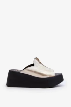 Sale 2916 Damskie Klapki Na Masywnej Platformie Z Suwakiem Złote Damskie Klapki Na Platformie|Klapki Damskie Klasyczne