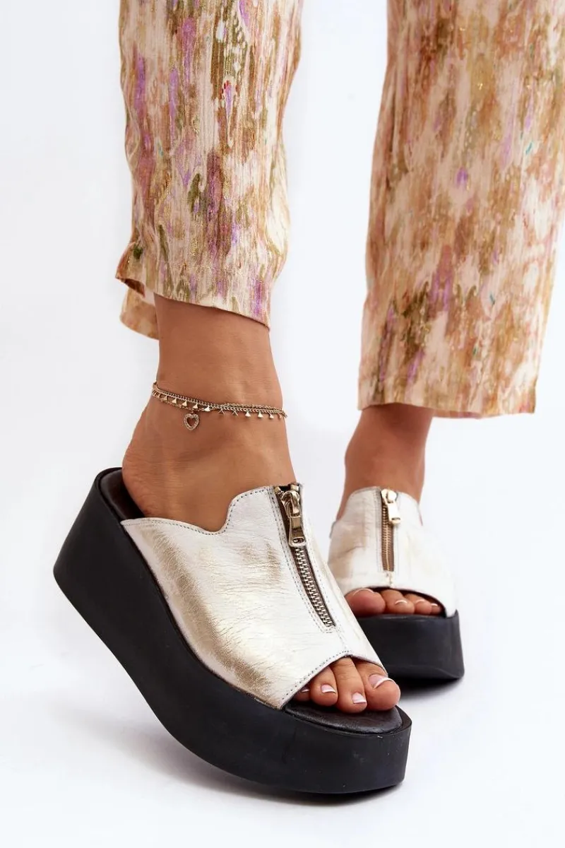 Sale 2916 Damskie Klapki Na Masywnej Platformie Z Suwakiem Złote Damskie Klapki Na Platformie|Klapki Damskie Klasyczne