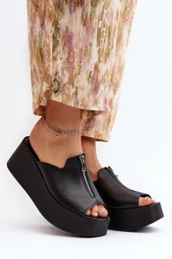 Klapki Na Platformie|Klapki Damskie Klasyczne>Zazoo 2916 Damskie Klapki Na Masywnej Platformie Z Suwakiem Czarne Czarny