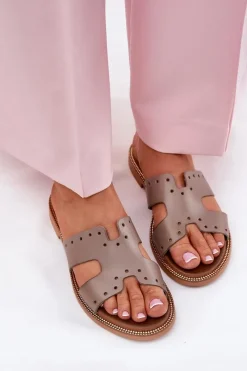 New 40326 Damskie Klapki Z Ozdobnymi Wycięciami Ciemnobeżowe Damskie Klapki Damskie Klasyczne