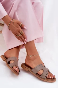 New 40326 Damskie Klapki Z Ozdobnymi Wycięciami Ciemnobeżowe Damskie Klapki Damskie Klasyczne