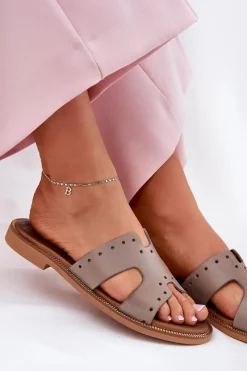 New 40326 Damskie Klapki Z Ozdobnymi Wycięciami Ciemnobeżowe Damskie Klapki Damskie Klasyczne