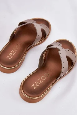 New 40326 Damskie Klapki Z Ozdobnymi Wycięciami Ciemnobeżowe Damskie Klapki Damskie Klasyczne