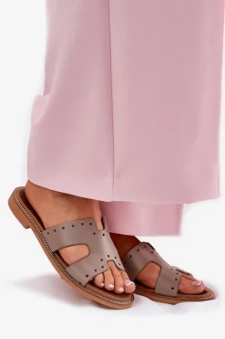 New 40326 Damskie Klapki Z Ozdobnymi Wycięciami Ciemnobeżowe Damskie Klapki Damskie Klasyczne