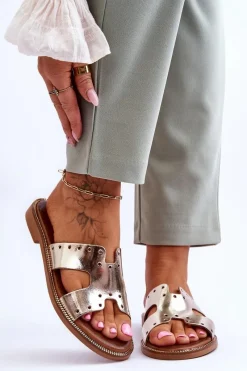 New 40326 Damskie Klapki Z Ozdobnymi Wycięciami Złote Damskie Klapki Damskie Klasyczne