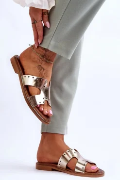 New 40326 Damskie Klapki Z Ozdobnymi Wycięciami Złote Damskie Klapki Damskie Klasyczne