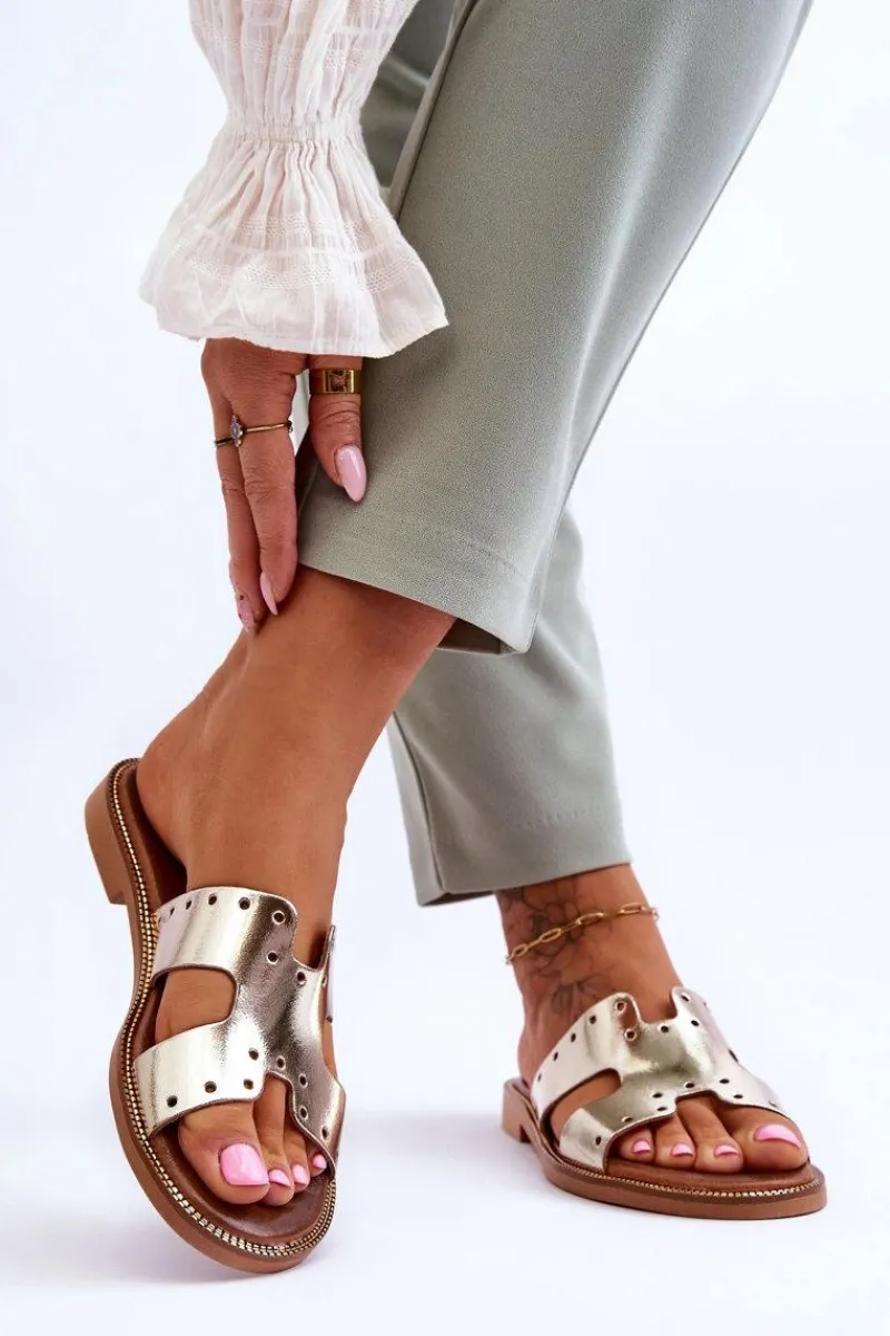 New 40326 Damskie Klapki Z Ozdobnymi Wycięciami Złote Damskie Klapki Damskie Klasyczne