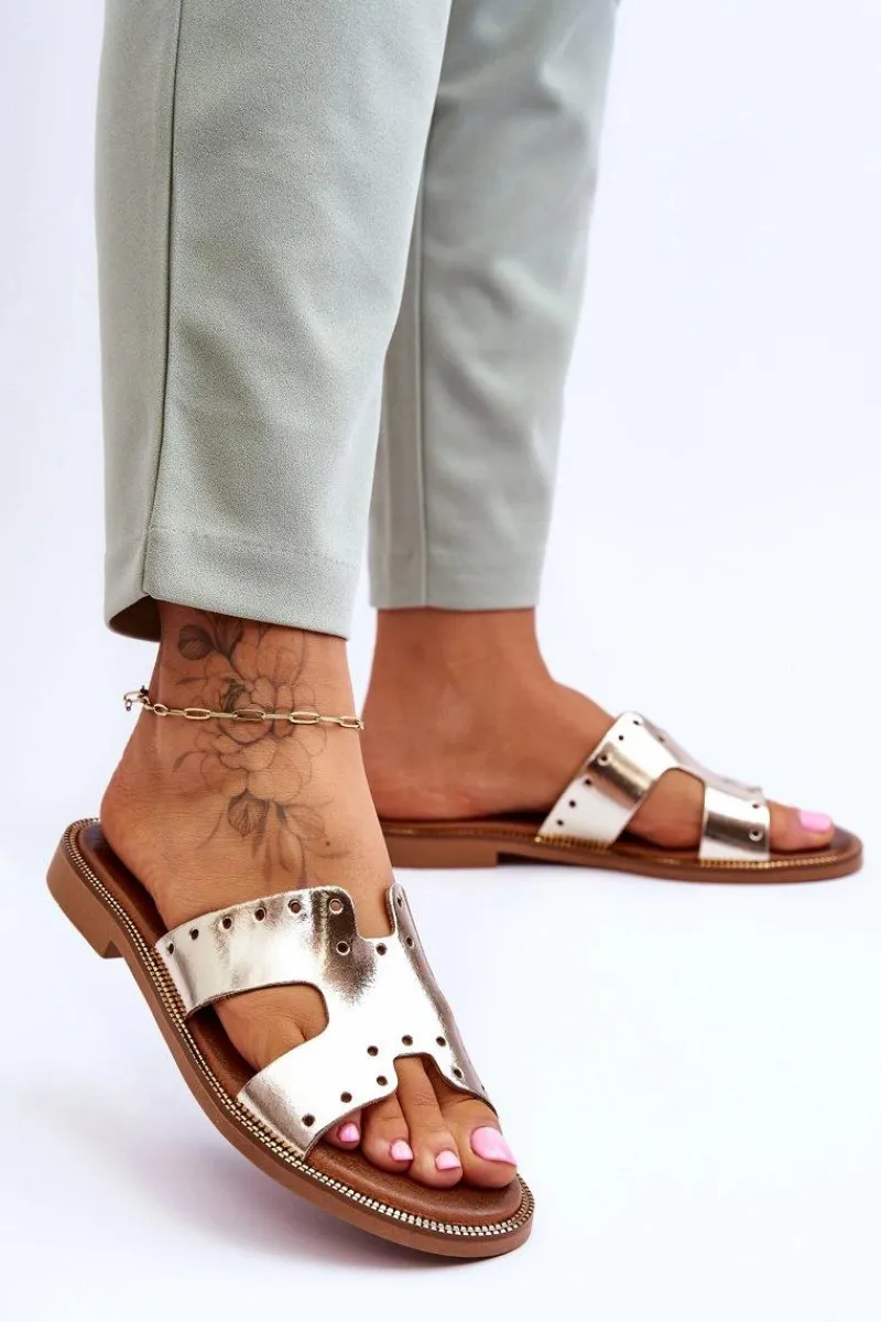 New 40326 Damskie Klapki Z Ozdobnymi Wycięciami Złote Damskie Klapki Damskie Klasyczne