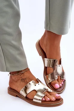 New 40326 Damskie Klapki Z Ozdobnymi Wycięciami Złote Damskie Klapki Damskie Klasyczne