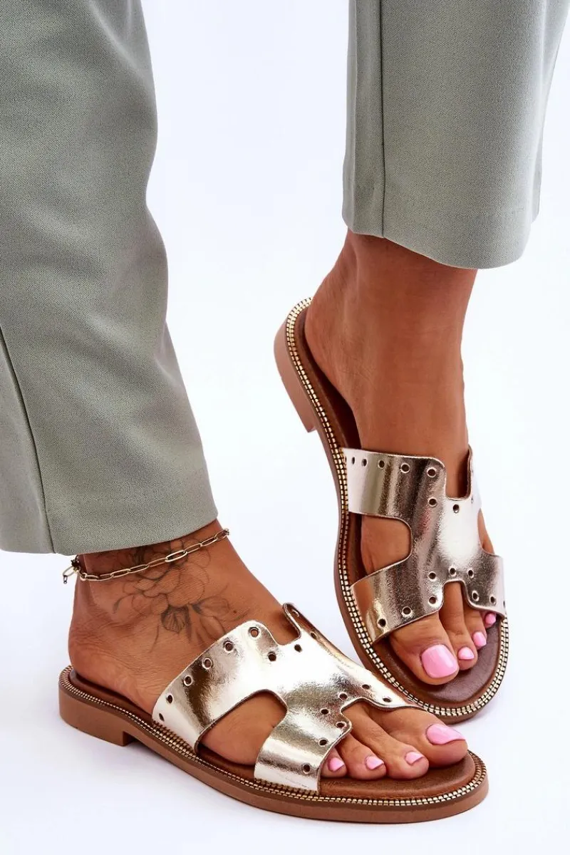 New 40326 Damskie Klapki Z Ozdobnymi Wycięciami Złote Damskie Klapki Damskie Klasyczne