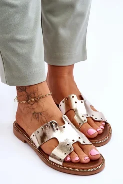 New 40326 Damskie Klapki Z Ozdobnymi Wycięciami Złote Damskie Klapki Damskie Klasyczne