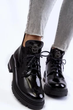 New Zazoo 60309 Damskie Lakierowane Botki Na Płaskim Obcasie Czarne Damskie Botki Skórzane|Botki Sznurowane