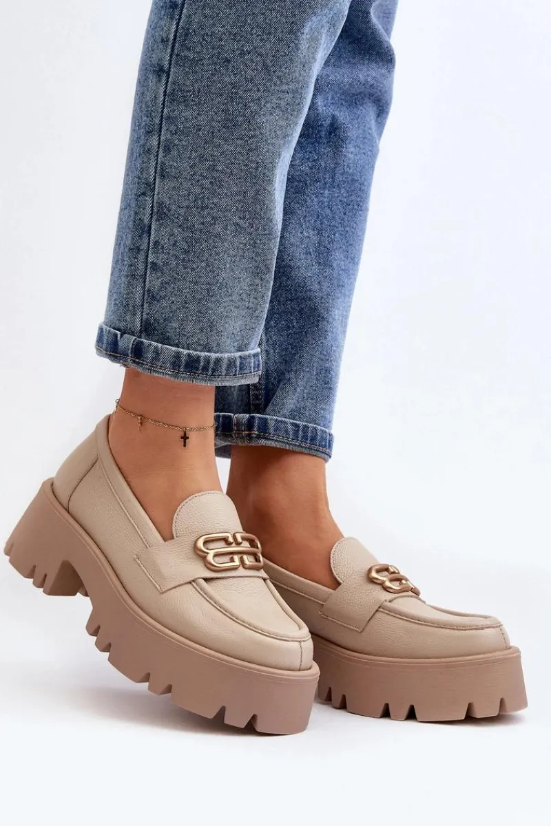 Best 20164 Damskie Loafersy Ze Skóry Naturalnej Beżowe Damskie Loafersy Damskie|Mokasyny Damskie Lakierowane