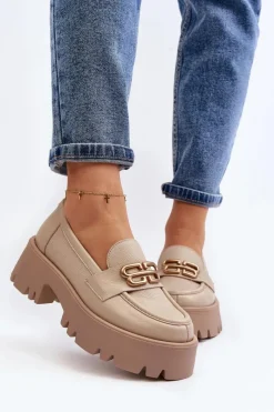 Best 20164 Damskie Loafersy Ze Skóry Naturalnej Beżowe Damskie Loafersy Damskie|Mokasyny Damskie Lakierowane