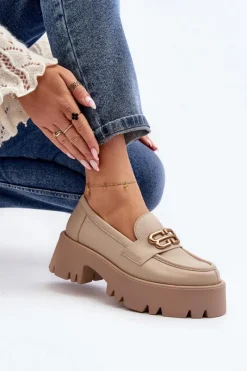 Best 20164 Damskie Loafersy Ze Skóry Naturalnej Beżowe Damskie Loafersy Damskie|Mokasyny Damskie Lakierowane