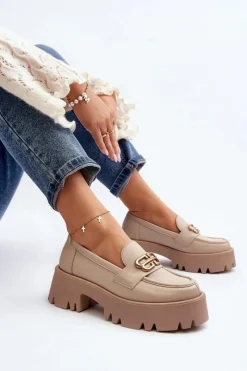 Best 20164 Damskie Loafersy Ze Skóry Naturalnej Beżowe Damskie Loafersy Damskie|Mokasyny Damskie Lakierowane