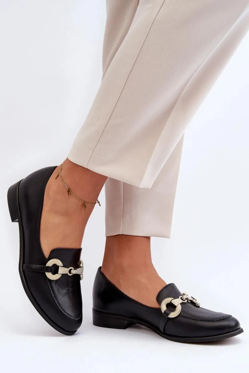Outlet 2880 Damskie Mokasyny Skórzane Z Ozdobą Czarne Damskie Loafersy Damskie|Mokasyny Płaskie