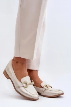 Discount Zazoo 2880 Damskie Mokasyny Skórzane Z Ozdobą Złote Złoty