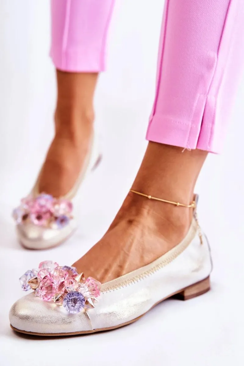 Baleriny Skórzane|Baleriny Klasyczne>Zazoo 2749 Damskie Skórzane Baleriny Z Kryształkami Biało-Złote