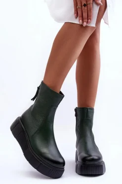Online 60369 Damskie Skórzane Botki Na Platformie Zielone Damskie Botki Skórzane|Botki Zimowe Damskie