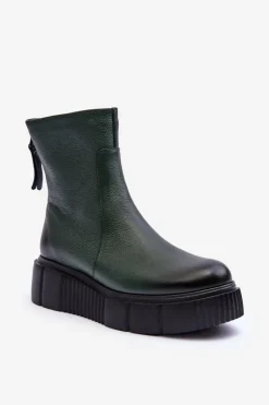 Online 60369 Damskie Skórzane Botki Na Platformie Zielone Damskie Botki Skórzane|Botki Zimowe Damskie