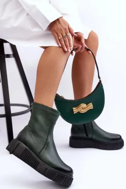 Online 60369 Damskie Skórzane Botki Na Platformie Zielone Damskie Botki Skórzane|Botki Zimowe Damskie
