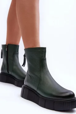 Online 60369 Damskie Skórzane Botki Na Platformie Zielone Damskie Botki Skórzane|Botki Zimowe Damskie