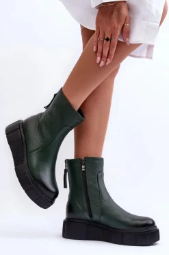 Online 60369 Damskie Skórzane Botki Na Platformie Zielone Damskie Botki Skórzane|Botki Zimowe Damskie