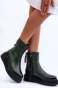 Online 60369 Damskie Skórzane Botki Na Platformie Zielone Damskie Botki Skórzane|Botki Zimowe Damskie
