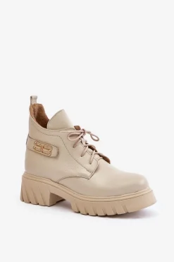 Hot Zazoo 60483 Damskie Skórzane Botki Z Niską Cholewką Ocieplane Beżowe Beżowy