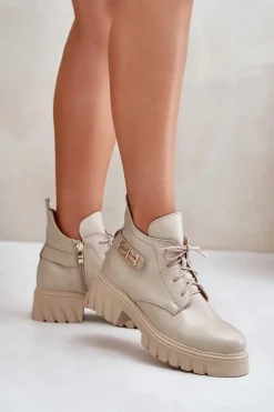 Hot Zazoo 60483 Damskie Skórzane Botki Z Niską Cholewką Ocieplane Beżowe Beżowy