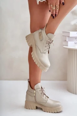 Hot Zazoo 60483 Damskie Skórzane Botki Z Niską Cholewką Ocieplane Beżowe Beżowy