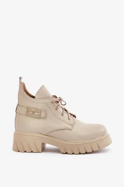 Hot Zazoo 60483 Damskie Skórzane Botki Z Niską Cholewką Ocieplane Beżowe Beżowy