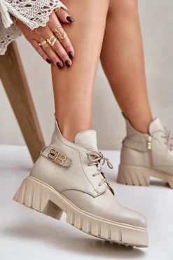 Hot Zazoo 60483 Damskie Skórzane Botki Z Niską Cholewką Ocieplane Beżowe Beżowy