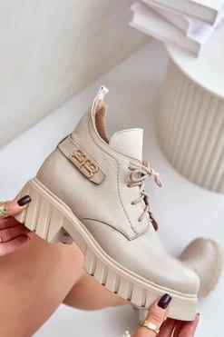 Hot Zazoo 60483 Damskie Skórzane Botki Z Niską Cholewką Ocieplane Beżowe Beżowy