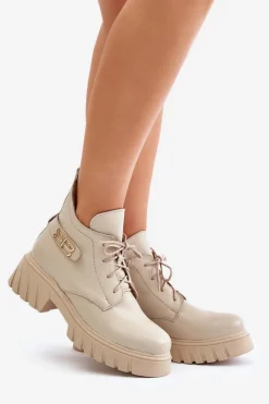 Hot Zazoo 60483 Damskie Skórzane Botki Z Niską Cholewką Ocieplane Beżowe Beżowy