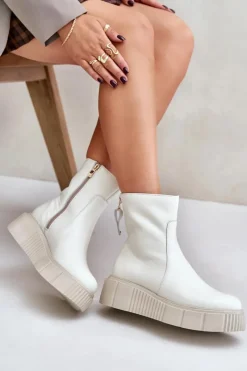 Botki Zimowe Damskie|Botki Płaskie>Zazoo 60369 Damskie Skórzane Botki Na Platformie Jasnobeżowe