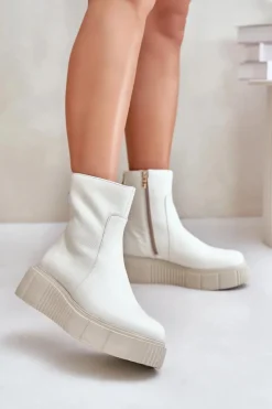 Botki Zimowe Damskie|Botki Płaskie>Zazoo 60369 Damskie Skórzane Botki Na Platformie Jasnobeżowe