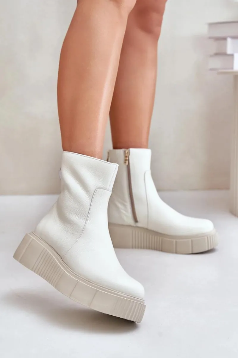 Botki Zimowe Damskie|Botki Płaskie>Zazoo 60369 Damskie Skórzane Botki Na Platformie Jasnobeżowe